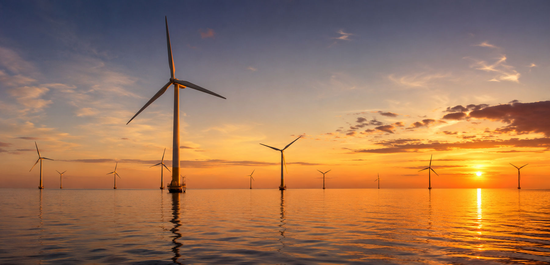 Offshore wind turbines across calm water at golden hour, with warm amber sunset light, deep blue sky tones, and soft reflections on the sea.