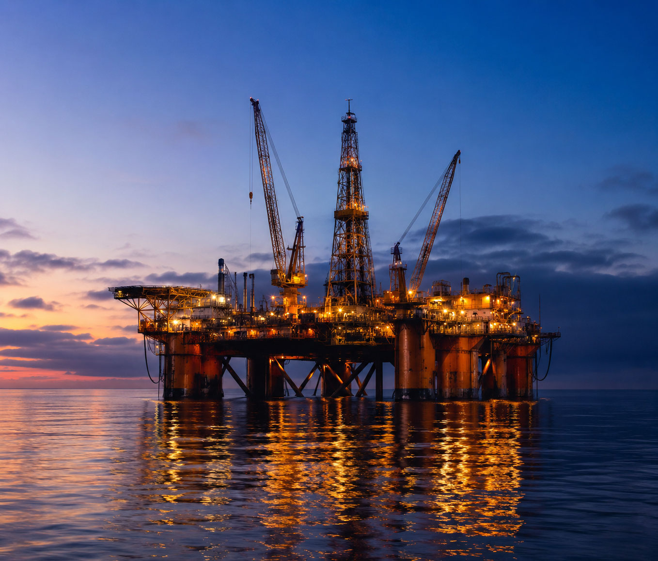 offshore platform at dusk shot from water level, warm amber and deep blue tones in the sky, the full platform structure lit up with cranes and equipment visible.