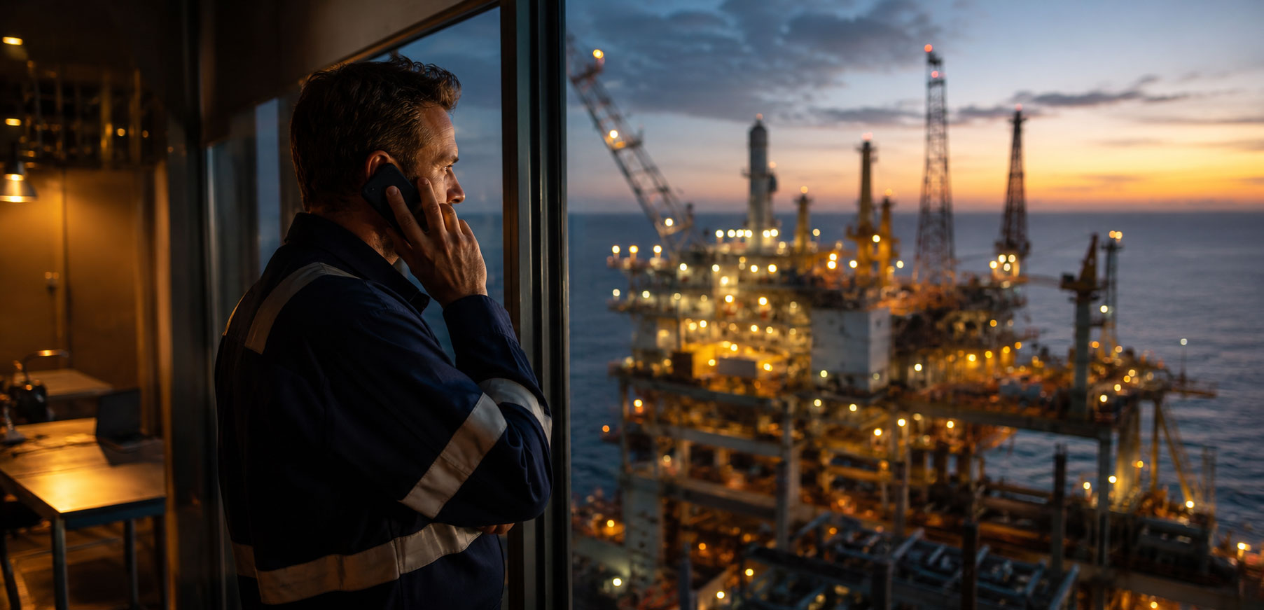 roles-not-advertised Professional in industrial workwear on a phone call by a window, overlooking a lit offshore platform at dusk with warm indoor light and ocean views.