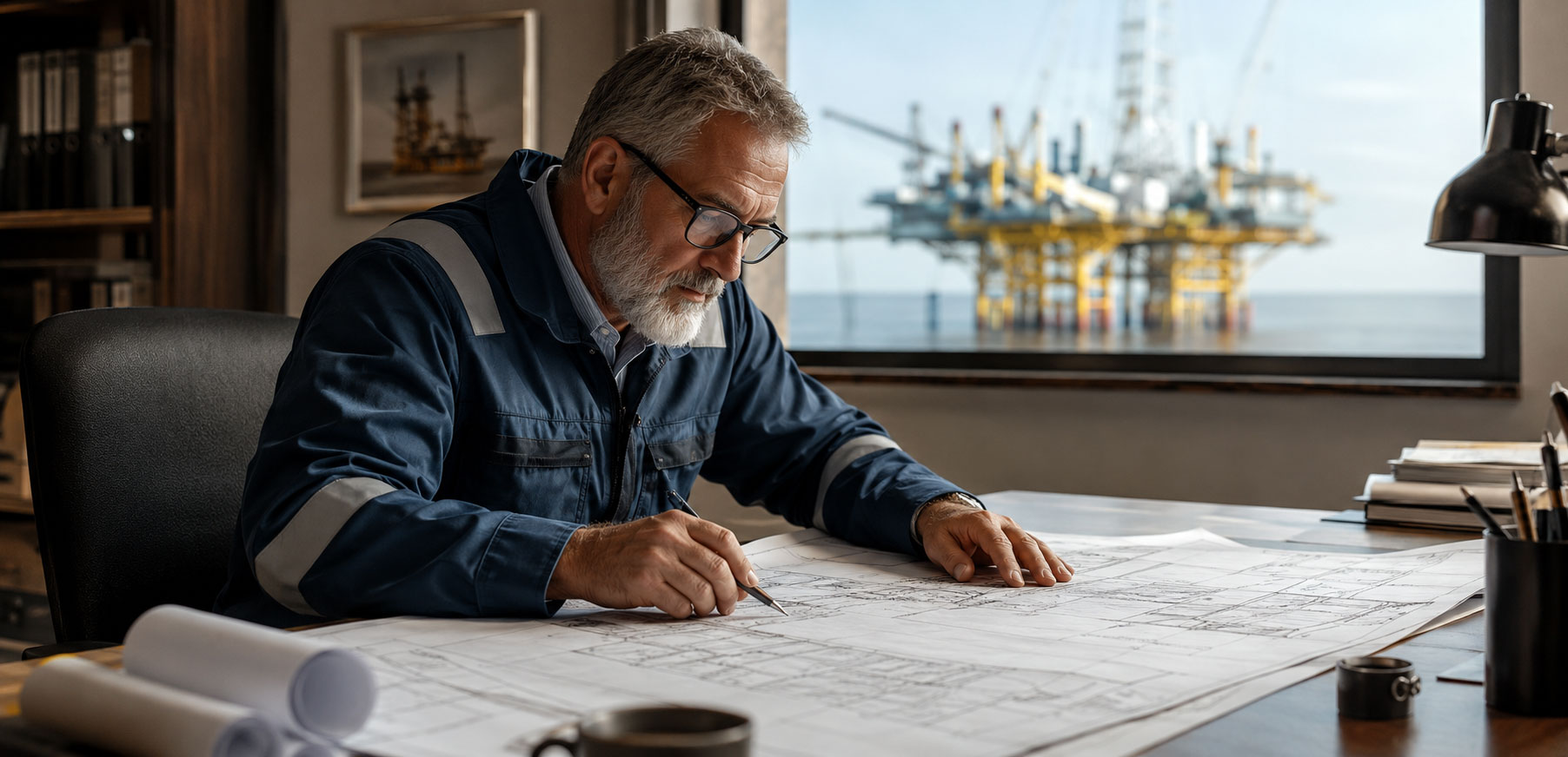 Senior engineer in industrial workwear reviewing large engineering drawings at a desk, with an offshore platform blurred through the window behind him.