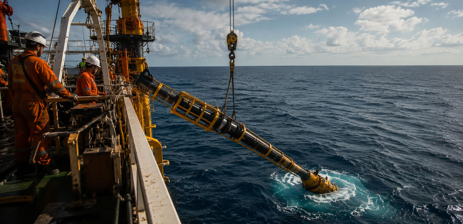 subsea pipeline or umbilical equipment being deployed from a vessel deck into the ocean, industrial crane and rigging visible, deep blue water below.