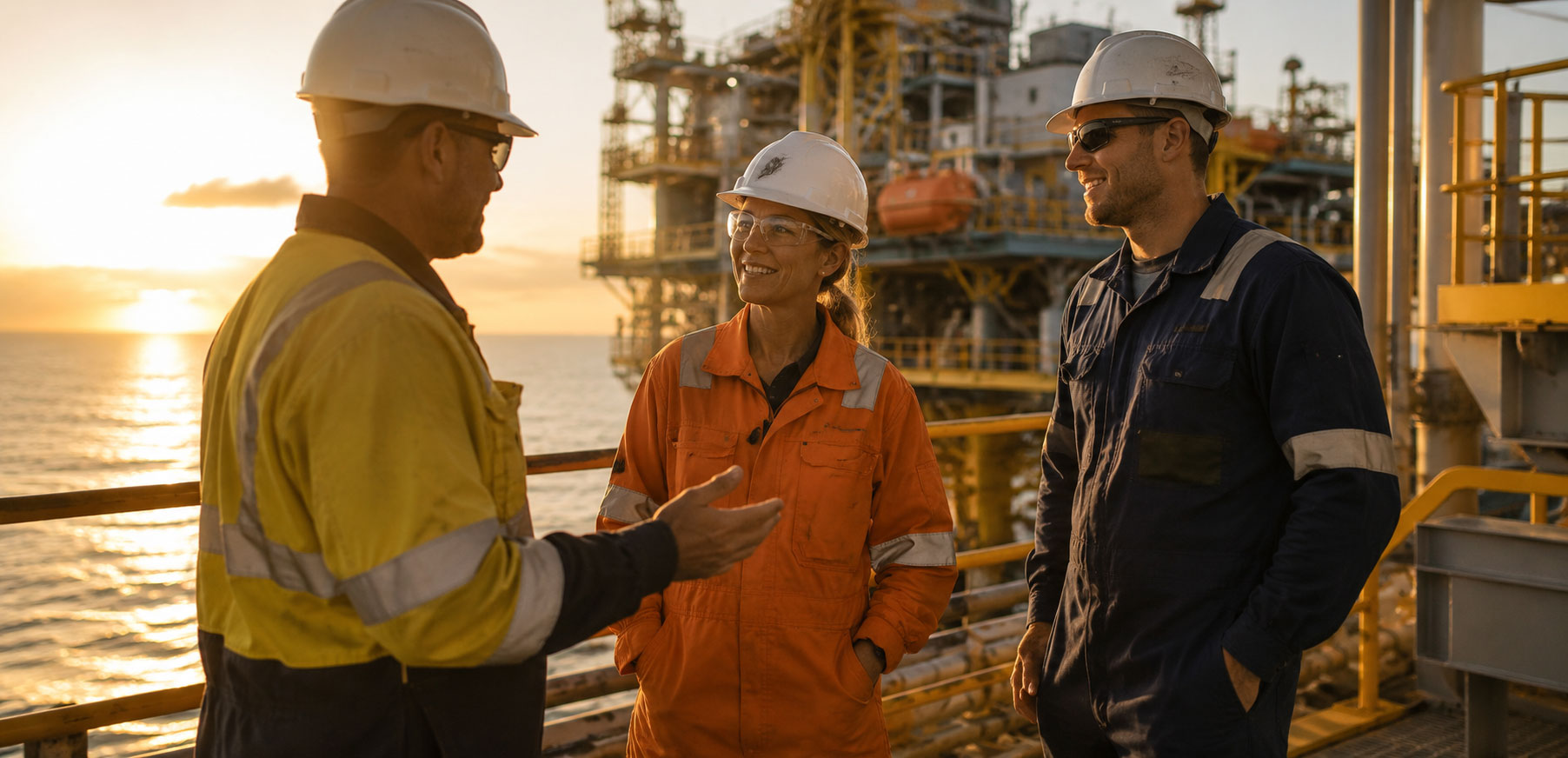 a mixed crew of energy workers in full PPE on an offshore platform deck, some clearly contractors in varied PPE colours, others in matching company uniforms, conveying a flexible and mixed engagement workforce.