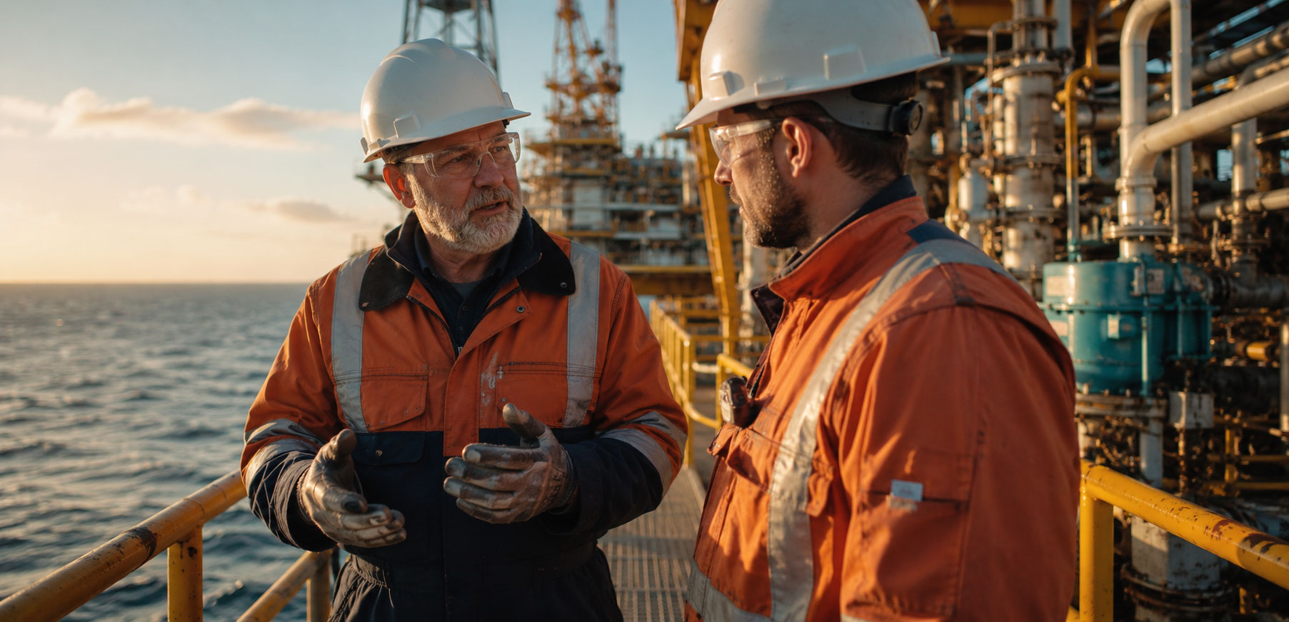 team-knows-industry Two energy professionals in full PPE discussing work on an offshore platform walkway at golden hour, with an experienced worker mentoring a younger colleague beside platform equipment and open sea.