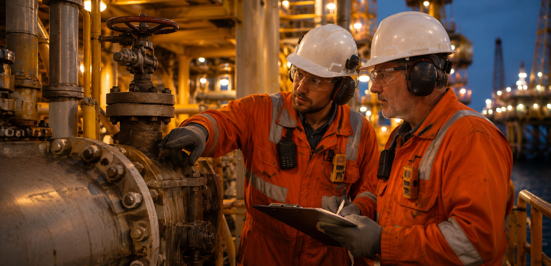 two engineers in full PPE conducting a safety inspection on an offshore platform, one holding a clipboard, examining valves and pressure vessels up close.