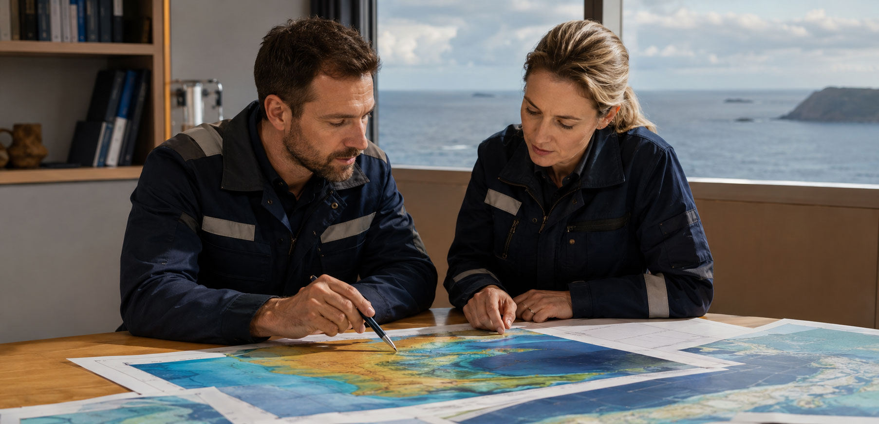 Two engineers in smart industrial workwear review site maps and bathymetric charts at a table, with a coastal ocean view visible through the window behind them.