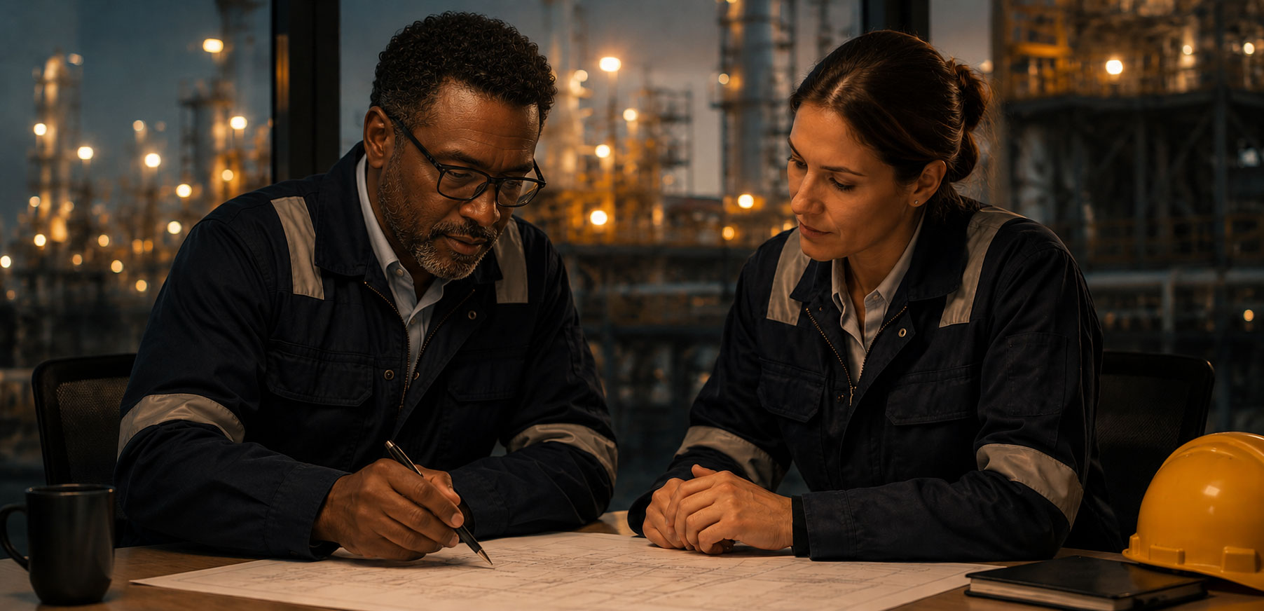 Two engineers in navy workwear review technical plans together in an industrial office, with offshore platform lights visible through the window behind them.