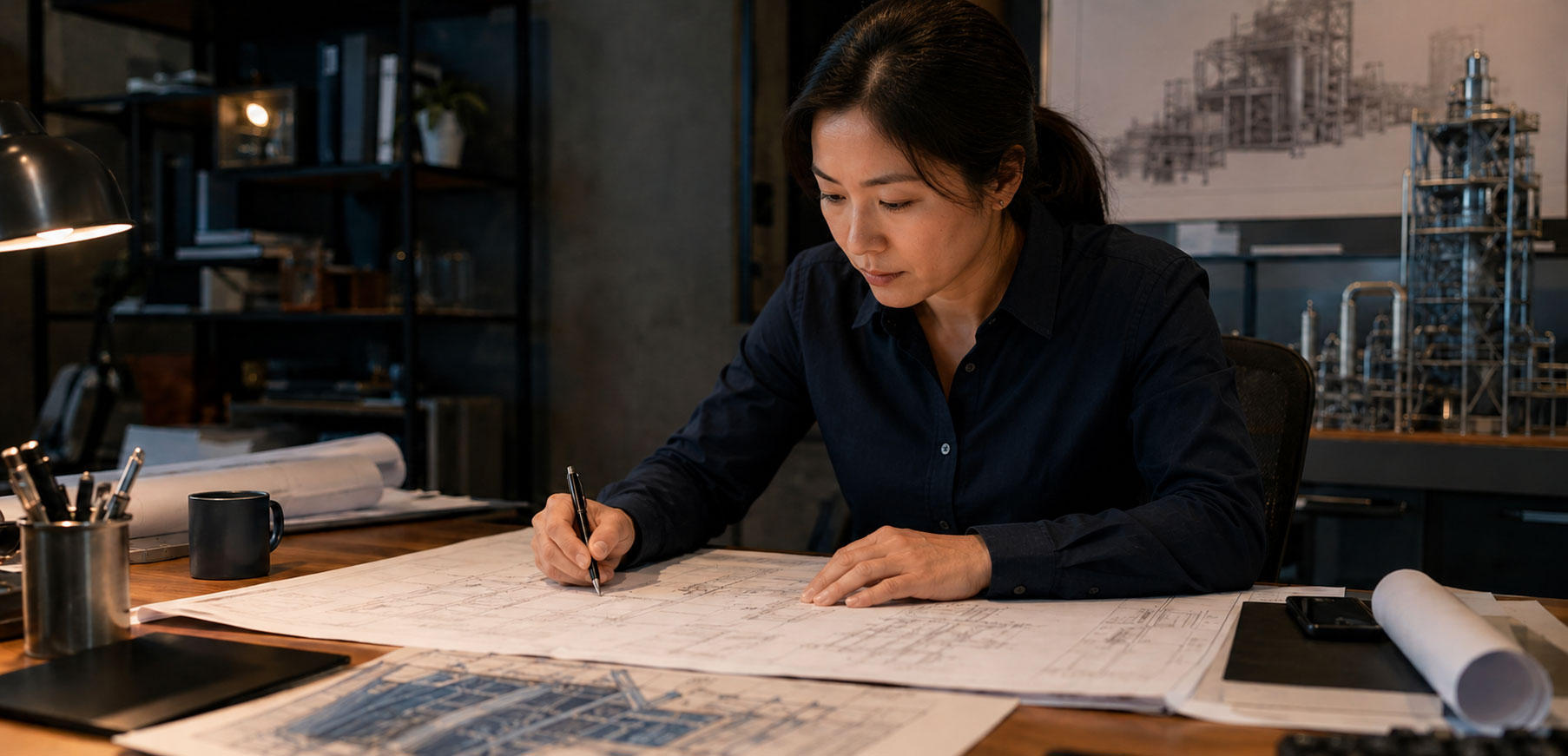 Asian female engineer reviewing technical drawings at a desk in an industrial design office, with offshore platform plans and a scale model in the background.
