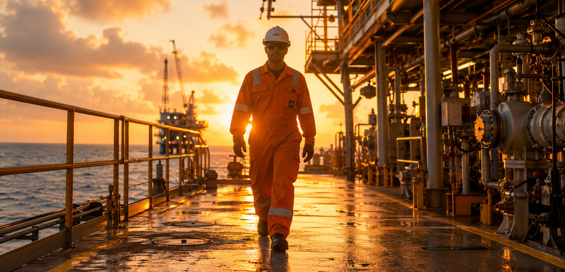 we-are-in-your-corner Field technician in full PPE walking confidently across an offshore platform deck at golden hour, with industrial equipment, open sea, and warm reflections in the background.