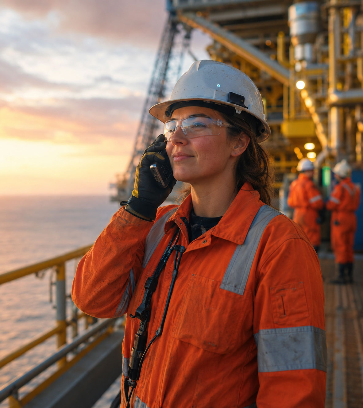 work-with-us Field technician in full PPE talking on a radio on an offshore platform deck at golden hour, with calm confidence and softly blurred industrial pipework behind her.