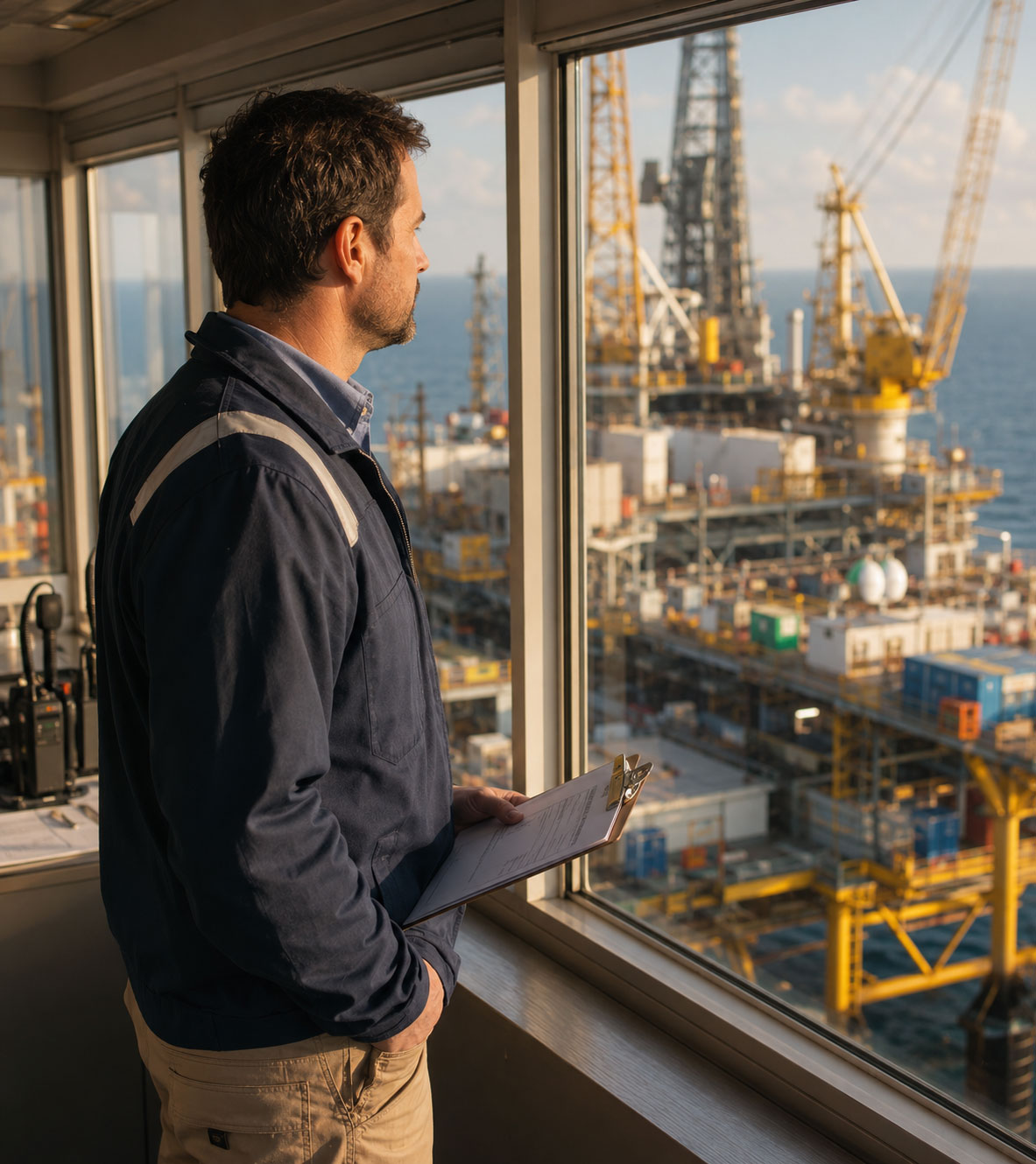 A site coordinator in smart industrial workwear stands inside a site office holding a clipboard, looking through a window over an active offshore industrial platform in warm natural light.
