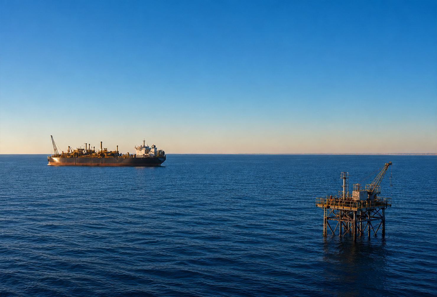 An FPSO vessel with a dark navy hull and yellow industrial topsides processing equipment, moored alongside a small yellow wellhead platform in deep blue Indian Ocean waters off Western Australia