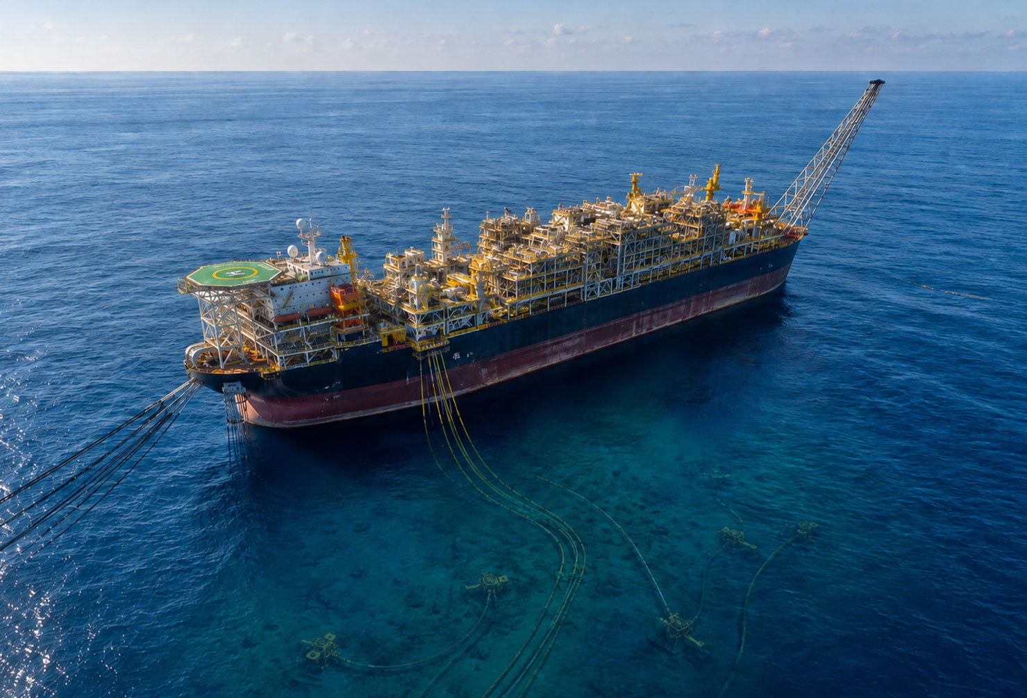 An offshore FPSO vessel with a subsea tie-back pipeline system in deep blue Indian Ocean waters off the north-west coast of Western Australia, no coastline visible, clear blue sky, warm afternoon light