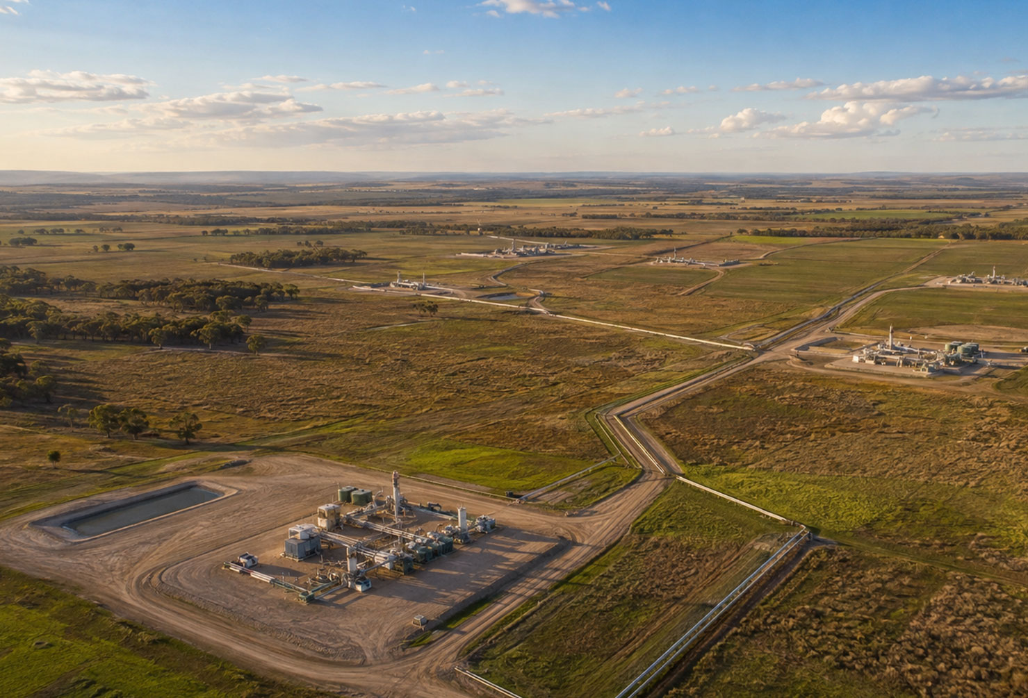 Wide aerial photograph of multiple coal seam gas wellpads connected by pipelines and dirt tracks across a vast green and brown agricultural landscape in Queensland's Western Downs