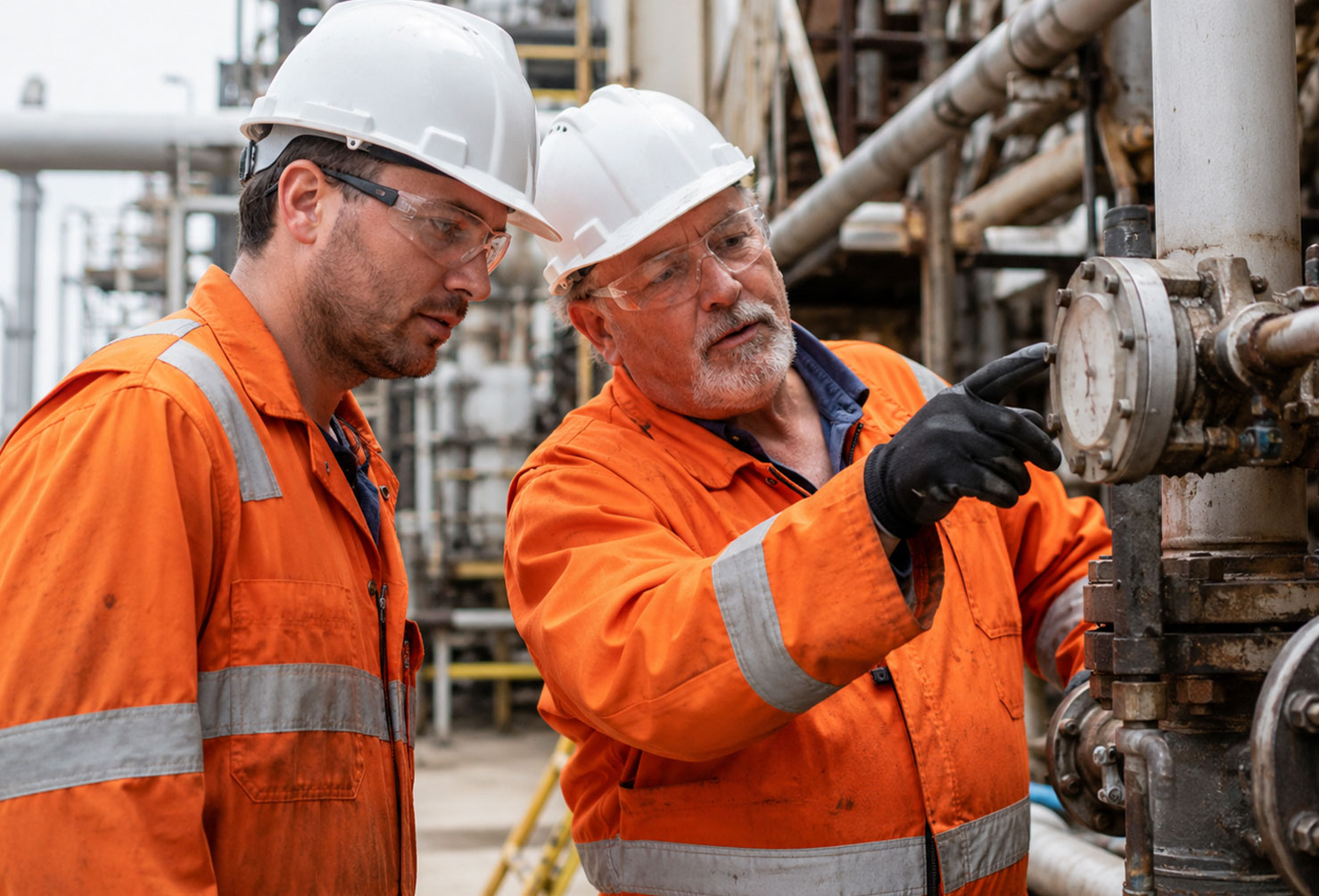 An experienced older oil and gas worker in hi-vis and hard hat mentoring a younger colleague at an industrial facility, both looking at equipment together