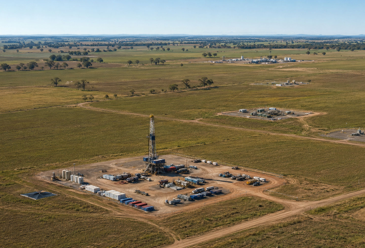 Aerial view of a coal seam gas drilling rig and production wellpads across the Western Downs Queensland, with green pastoral farmland and gathering infrastructure visible in the background