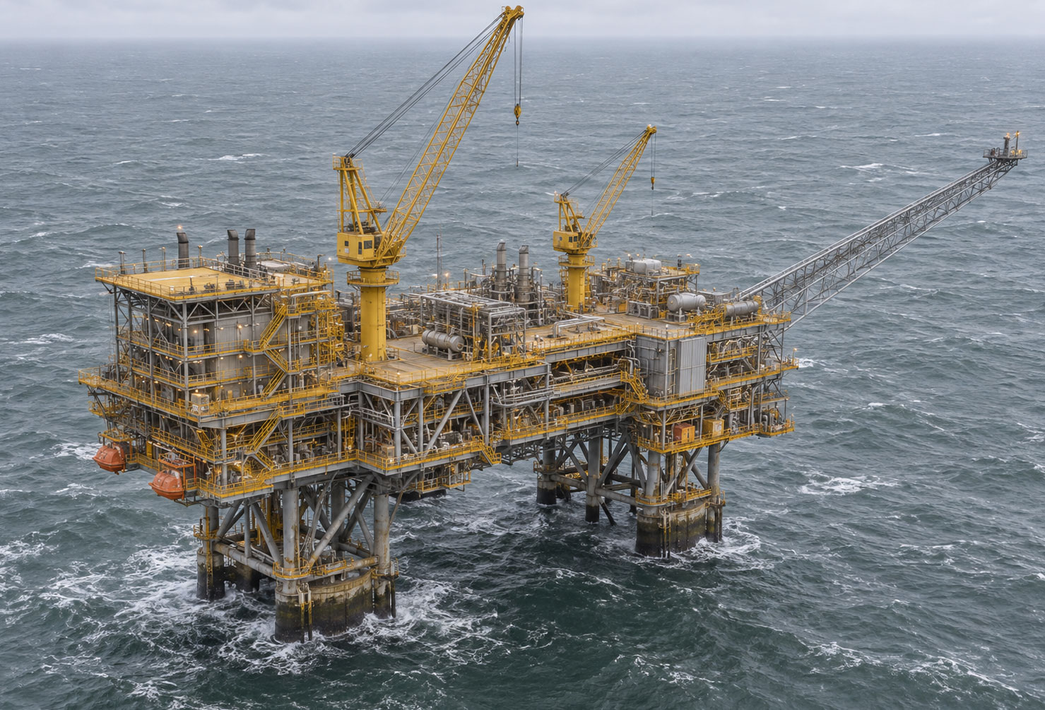 Aerial photograph of a jack-up drilling rig positioned close alongside a smaller fixed offshore gas production platform in grey-green Bass Strait waters off the Victorian coastline Australia, overcast sky, cool southern ocean light, the two structures separate but working in close proximity, Victorian coastline faintly visible in the far distance