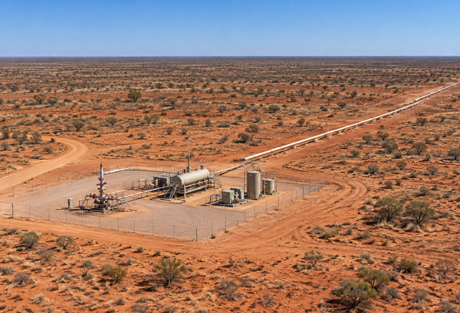Aerial view of a gas production well site and gathering pipeline in South Australia's Cooper Basin outback, red desert stretching to the horizon