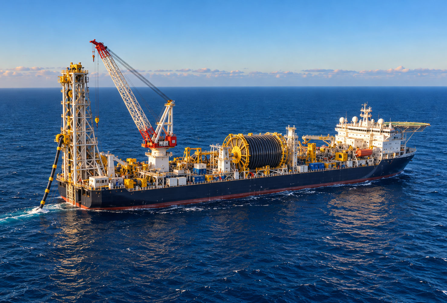 Aerial view of a subsea pipelay vessel installing flowline in deep open ocean off Western Australia
