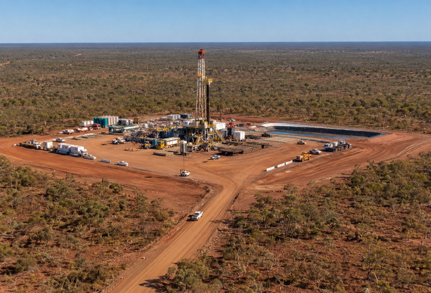 Aerial view of an active onshore oil and gas drilling rig and wellsite in the Australian outback, red dirt and dense scrub stretching to the horizon