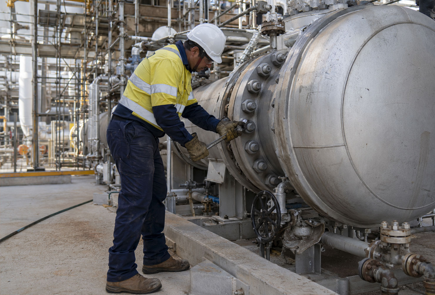 A mechanical fitter in full PPE working on a large industrial compressor or pressure vessel at an LNG facility during a planned maintenance shutdown, scaffolding visible in the background