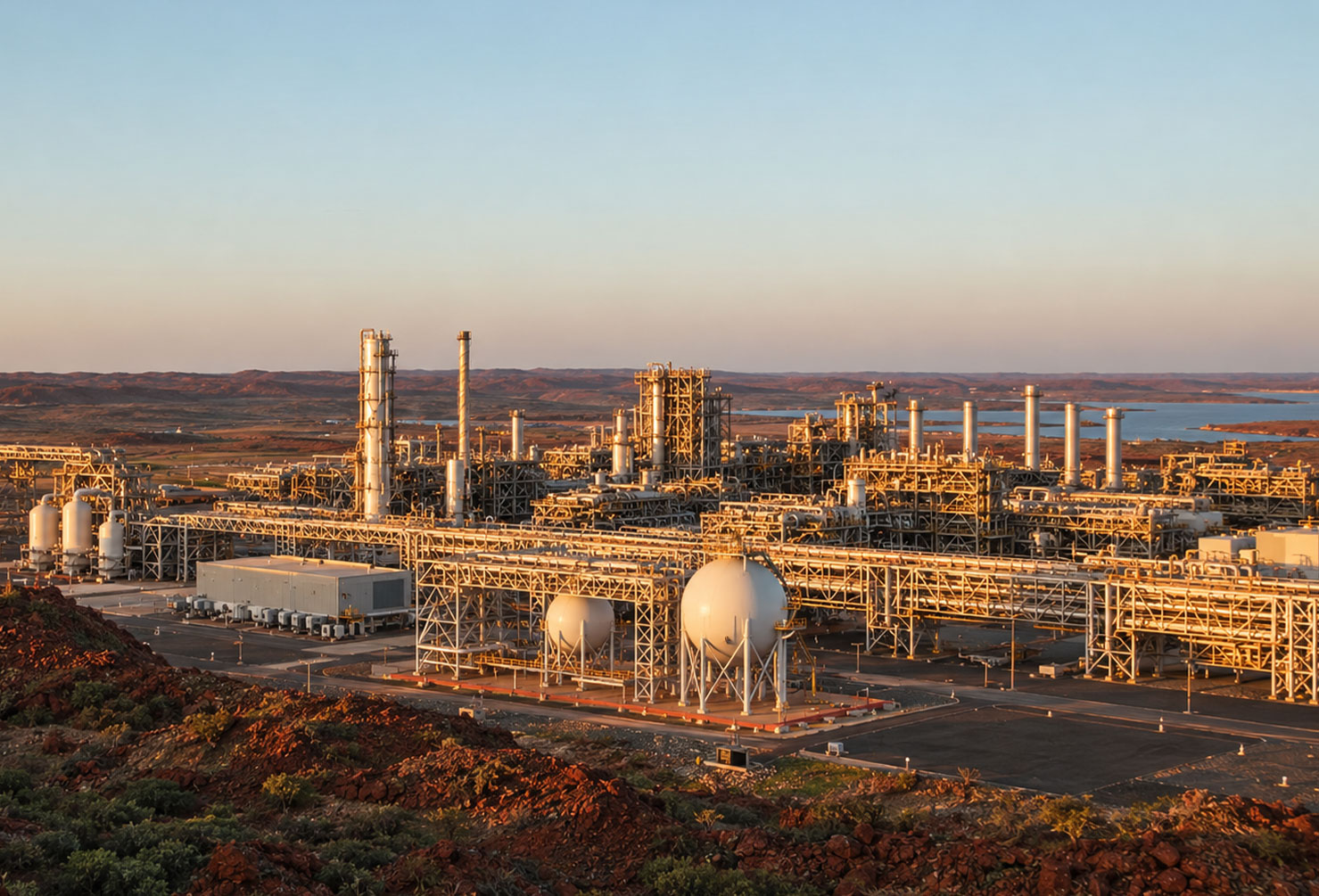 arge LNG liquefaction facility in the Pilbara region of Western Australia at golden hour, processing trains and flare stacks, spherical storage tanks, red rocky terrain in the foreground, low scrub, warm late afternoon light, clear sky