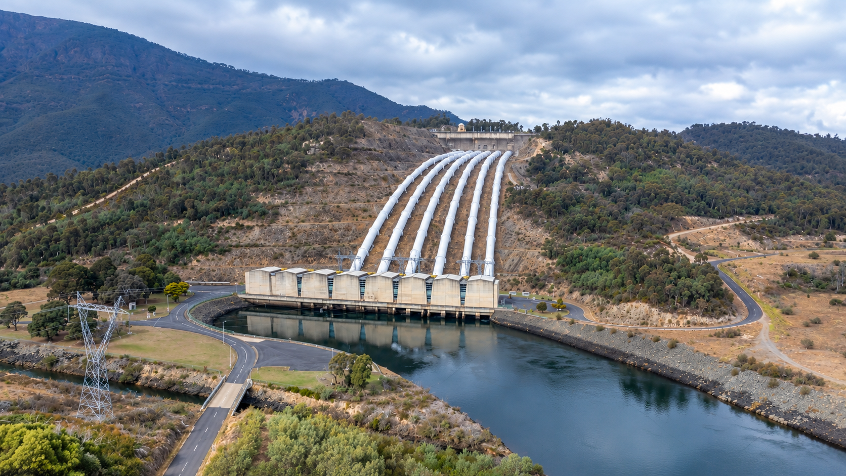 Aerial view of hydroelectric penstocks and power station in the Australian high country